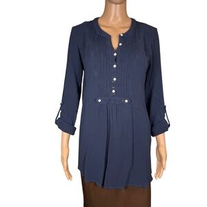 Vintage Free People Pintuck Henley Roll Tab Blue Tunic Size M
